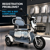 Tricycle électrique motorisé rétro-moderne à 2 places pour la mobilité urbaine, avec éclairage LED, panier avant et roues en alliage