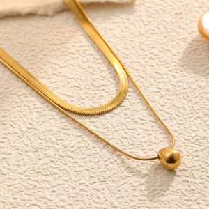 Collar de cadena de serpiente redondo plano de doble capa Collar con colgante en forma de gota de agua pulida para buenos amigos - Product Image 4