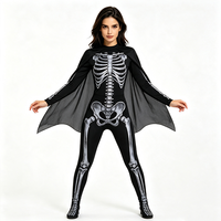 Damen Skelett-Kostüm Silberner Knochen-Print Jumpsuit mit Umhang Halloween Faschingskostüm