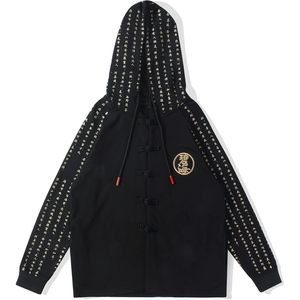 Sudadera con Capucha FOXA con Kanji Japonés para Hombre, Negra con Estampado Dorado en el Logotipo Trasero, Manga Regular, Tejido de Punto, Tallas Grandes - Product Image 6