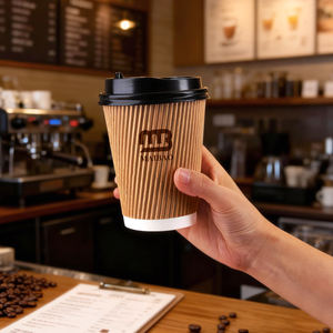 Vaso de Papel Desechable Personalizado de 12oz/16oz para Café para Llevar, con Paredes Onduladas, para Bebidas Calientes, con Asas y Portavasos - Product Image 1