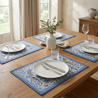 Ensemble de 4 sets de table en toile tissée bleue à motifs floraux, 12x18 pouces, vente en gros |   Sets de table Chinoiserie à motifs imprimés |   Table à manger vintage bohème