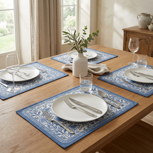Ensemble de 4 sets de table bleus à motifs floraux, 12x18 pouces |   Sets de table en coton imprimé chinoiserie |   Table à manger vintage bohème - Product Image 2