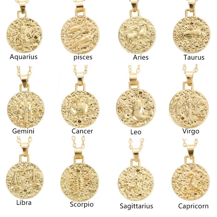 Horoscope Astrology Statement Necklace Jewelry Womens 12 Constellations Crystal Round Gold Plated Necklaces For Women