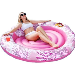 Inflatable Floating Lounger 72inch Pink Leaf Pattern With Cup Holder And <b>Backrest</b> For Pool Relaxation - Product Image 2