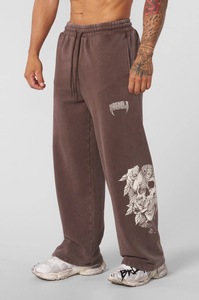Pantalones Deportivos Góticos Marrones con Cordón, Corte Recto, Casuales, con Estampado de Calavera y Rosas, Cintura Elástica, Largos, para Hombre - Product Image 4