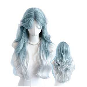 Perruque complète de marque nationale, cheveux longs bouclés, frange latérale, dégradé bleu sel de mer, fibre haute température résistante à la chaleur - Product Image 4
