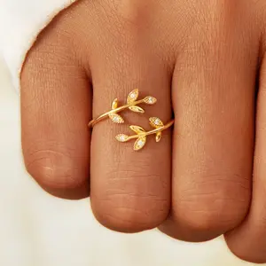 Rainbowking s925 sterling silver leaf ring women with zirconia open natural wind ring fashion simple fine jewelry ring