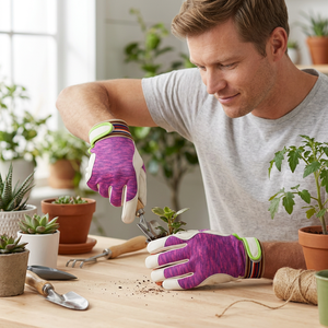 Gants de travail en cuir avec bouts des doigts texturés, bracelet élastique antidérapant, gants de sécurité polyvalents, manchette rayée rose et blanche - Product Image 6