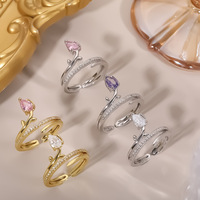 Bague pour femme en cuivre plaqué or micro-incrustée de zircon, ouverte, scintillante, en forme de tulipe