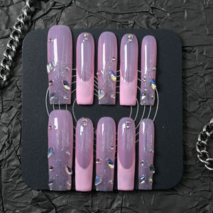 Faux ongles carrés en acrylique faits à la main, couvrance totale, forme cercueil, design rose avec strass, vente en gros - Product Image 1