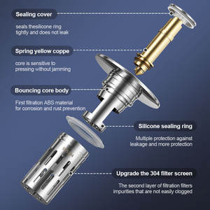 Filtro de desagüe con botón pulsador F46, de acero inoxidable, ABS y cobre, con núcleo de rebote para fregadero de encimera, fácil de limpiar - Product Image 1