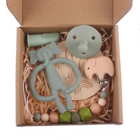 Coffret Cadeau de Jouets de Dentition en Silicone pour Bébé, Chaîne Attache-Sucette en Bois Étoile, Anneau de Dentition Doux Lapin Éléphant, Cadeau de Naissance pour Nouveau-né