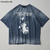 T-shirt tricoté surdimensionné vintage délavé à l'acide pour homme, déchiré et vieilli, avec imprimé graphique streetwear, impression sérigraphique personnalisée, vente en gros