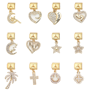 Module de pendentif en acier inoxydable italien, motifs Lune, Amour, Pieds, Étoile, Croix, Cocotier, <span class=keywords><strong>Smiley</strong></span>, Trèfle à quatre feuilles, Bijoux en gros - Product Image 2