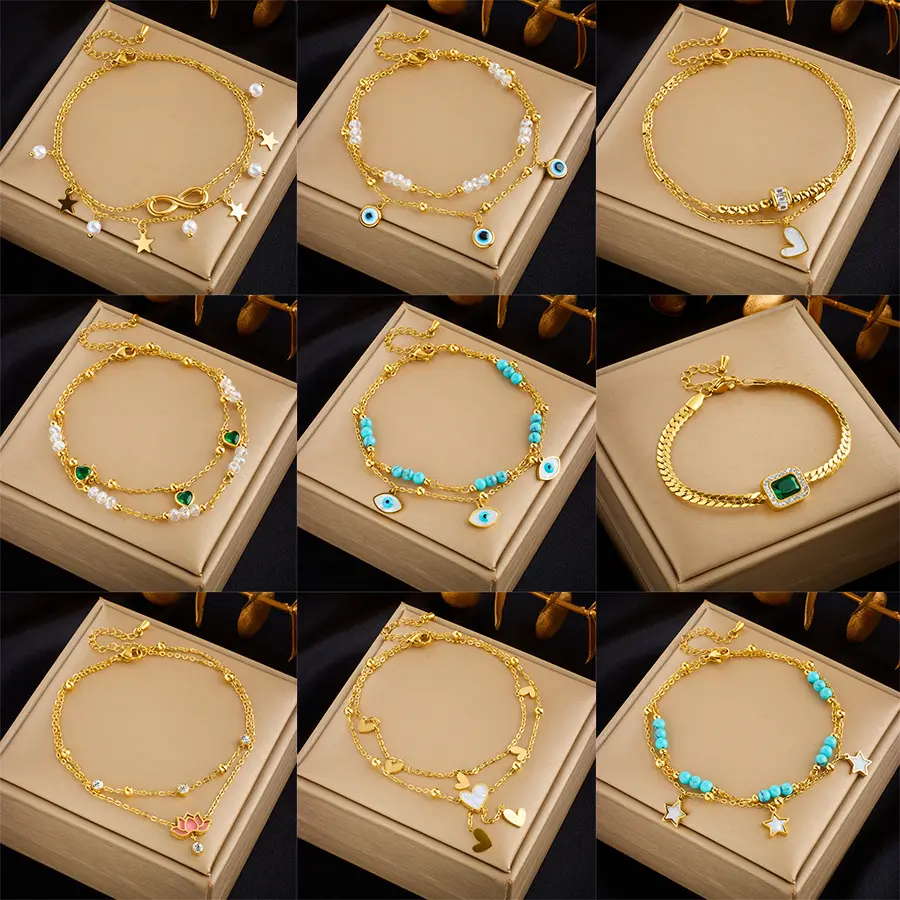 Bracelet double couche en acier inoxydable avec papillon, cœur et œil d'étoile Bracelet en perles de turquoise dorée pour femmes