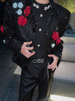 Veste Courte Noire BIG Wisdom pour Homme, Robuste, à Paillettes, Motif Floral Tridimensionnel, Design Original, Costume de Scène à Paillettes