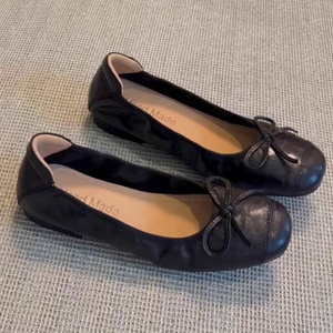 Ballerines en cuir véritable à bout rond, à enfiler, couleur unie, avec nœud décoratif, chaussures plates souples pour femmes, toutes saisons - Product Image 3