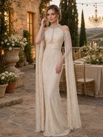 Robe de soirée sirène ivoire perlée à col montant, dos nu, manches cape transparentes, pour soirée formelle, vente en gros