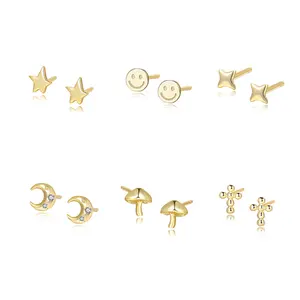 Funny Cute 925 Sterling Silver Smile Earrings 18k Gold Moon Mini Earrings Set Star Small Stud Earrings For Women