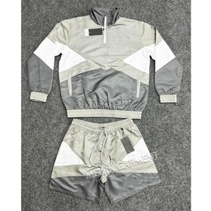Custom Design <b>Stitching</b> Color Cut With <b>Stitching</b> Zip up Jacket and Nylon Shorts Set Polyester Two Piece Windbreaker <b>Tracksuit</b> - Product Image 4