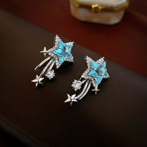 S925 New Zircon Five-pointed Sparkle Star Pendientes Delicado Diseño de temperatura de moda Blue Cubic Venta al por mayor Mujeres - Product Image 5