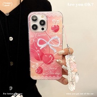 Petit et frais étui de téléphone haut de gamme en TPU pour Apple pour iPhone 15 XR modèle cerise dentelle housse de protection avec lanière incluse