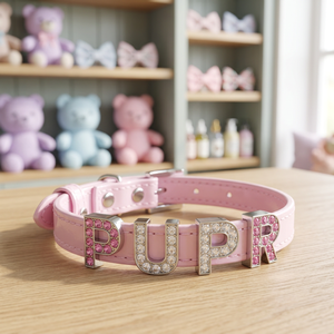 Collier pour chien personnalisé avec lettres en strass, rose, bleu, noir, en cuir, réglable, accessoire élégant pour animaux de compagnie - Product Image 2