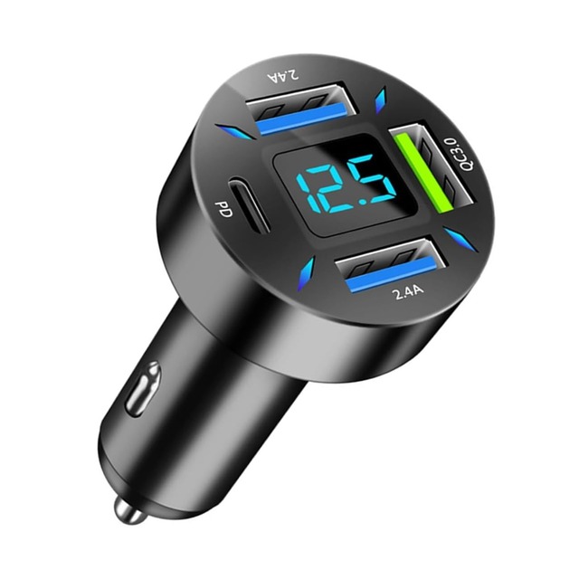 Super Fast Charging 4-Port USB Car Charger QC 3.0 PD 20W Adapter LED Voltmeter Auto Cigarette Lighter Plug for Earphones Cameras