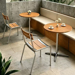 Mesa Redonda con Tapa de Madera y Base de Metal, Sillas Apilables con Estructura Metálica y Listones de Madera para Cafetería, <span class=keywords><strong>Bistro</strong></span>, Terraza de Restaurante - Product Image 1