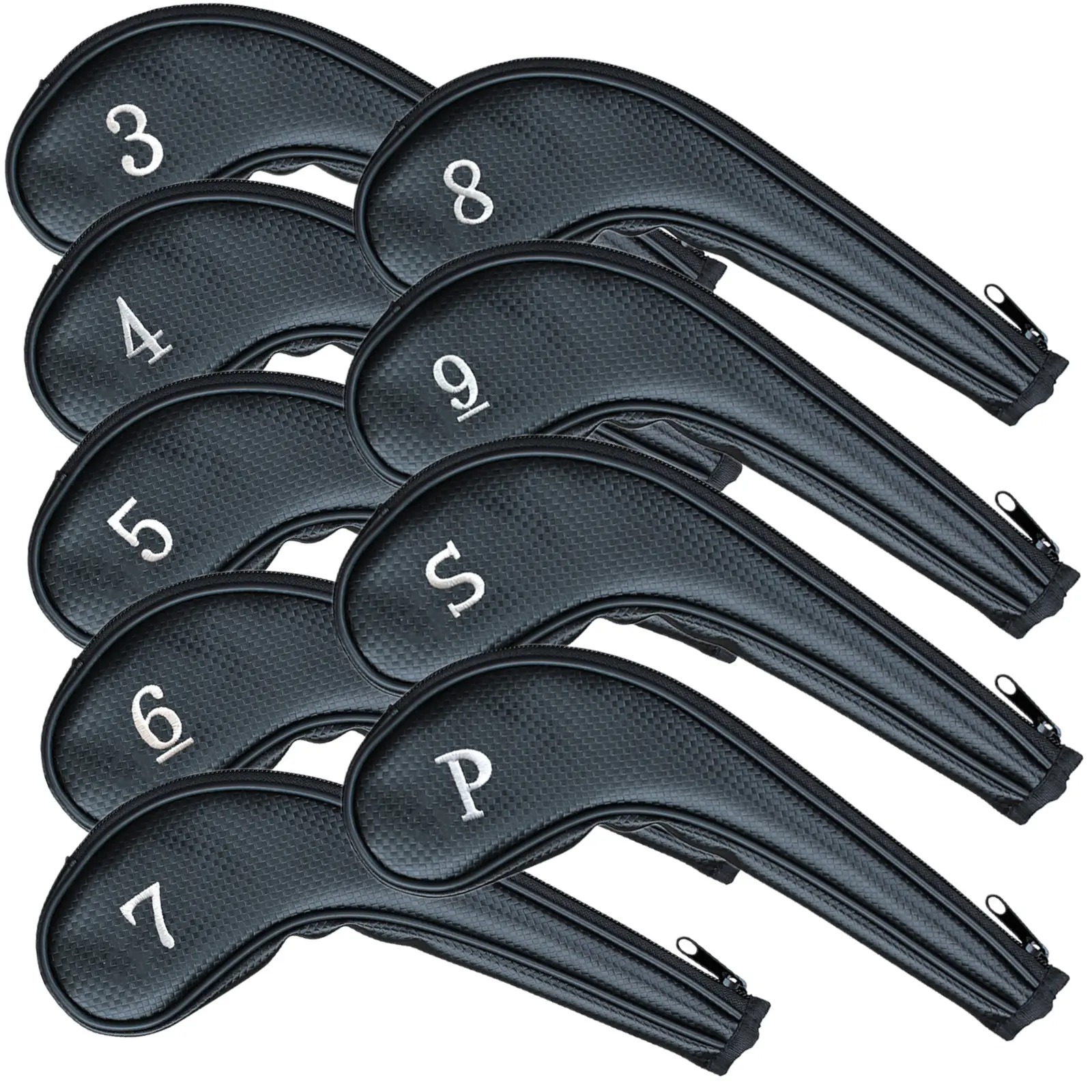 9Pcs Portable PU Zipper Long ricamato copricapo in ferro protettivo accessori per attrezzature per l'allenamento del Golf copertura per mazze da Golf