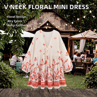 Robe d'été courte à imprimé floral à col en V pour femmes, manches longues, à lacets, style décontracté vintage, respirante, tissée, taille naturelle, vente flash
