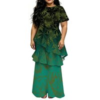 Pakaian Wanita Khusus Kepulauan Pasifik Warna Ungu Tua, Atasan Puletasi Lengan Pendek Berumbai, Rok Maxi Panjang Menyentuh Lantai, Setelan 2 Potong