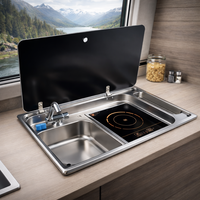 Évier 2 en 1 pour camping-car avec plaque à induction, unité de cuisine intégrée en acier inoxydable pour camping-car, caravane, bateau avec couvercle en verre