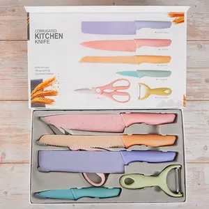 6 pcs/set Macarons Colorful Wheat Straw Kitchen Knife Sets For Gift Non-Stick Coating Kitchen Knives Set