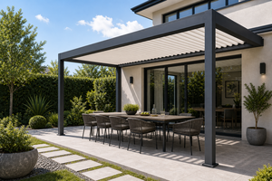 Pergola moderne en aluminium, toit à lames rectangulaires, auvent d'extérieur pour patio, revêtement poudré noir, résistant aux intempéries - Product Image 6