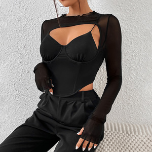 Vente en gros de T-shirts pour femmes Fashion Sexy Splicing Mesh Plus Size Vêtements pour femmes Top à manches longues européen et américain - Product Image 5