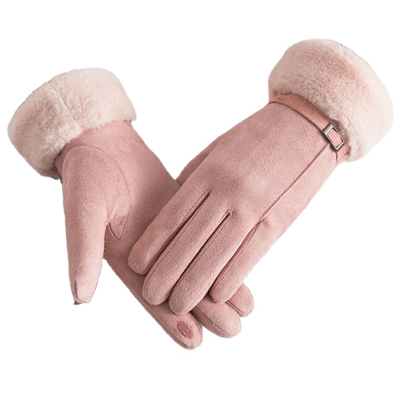 Зимние женские двойные толстые плюшевые теплые кашемировые милые велосипедные варежки на запястье женские замшевые кожаные перчатки для вождения с сенсорным экраном