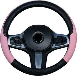 Couverture de volant de voiture en similicuir PU respirant 15 pouces 38cm rose unisexe style sport couleur contrastée anti-dérapant sueur bonne