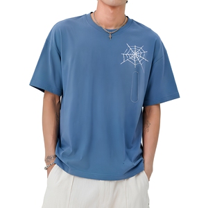 เสื้อยืดโอเวอร์ไซส์ลายใยแมงมุม สไตล์สตรีทแวร์ ผ้าคอตตอนหนา สีน้ำเงิน ทรงไหล่ตก สไตล์ฮิปฮอป - Product Image 3