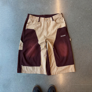 Shorts en twill délavé style vintage, patchwork, 100% coton, haute qualité, streetwear décontracté, design tendance, shorts en twill personnalisés pour hommes - Product Image 1