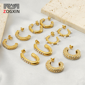 ZOGXIN Gold Plated C Shape Stud Earrings With Pearls And Rhinestones For Women Party Jewelry Geometric Design - Product Image 1