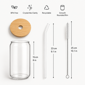 Hot Selling 12 oz 16 oz Borosilicate Glass Pint Tumbler with <b>Bamboo</b> <b>Straw</b> & Lid BPA Free Microwave Safe Thickened Wall - Product Image 6