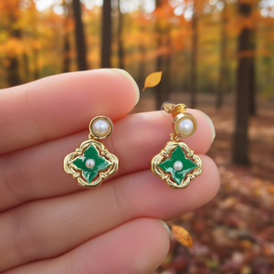 Pearl <b>Earrings</b> 316L Stainless Steel PVD Gold Plating Sustainable Resistant <b>Studs</b> With Green Enamel Design - Product Image 3