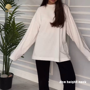 T-shirt luluxiyaya in cotone 100 primavera nuovo ampio ampio bracciale alto 2cm fascia collo manica lunga Oversize bianco - Product Image 5