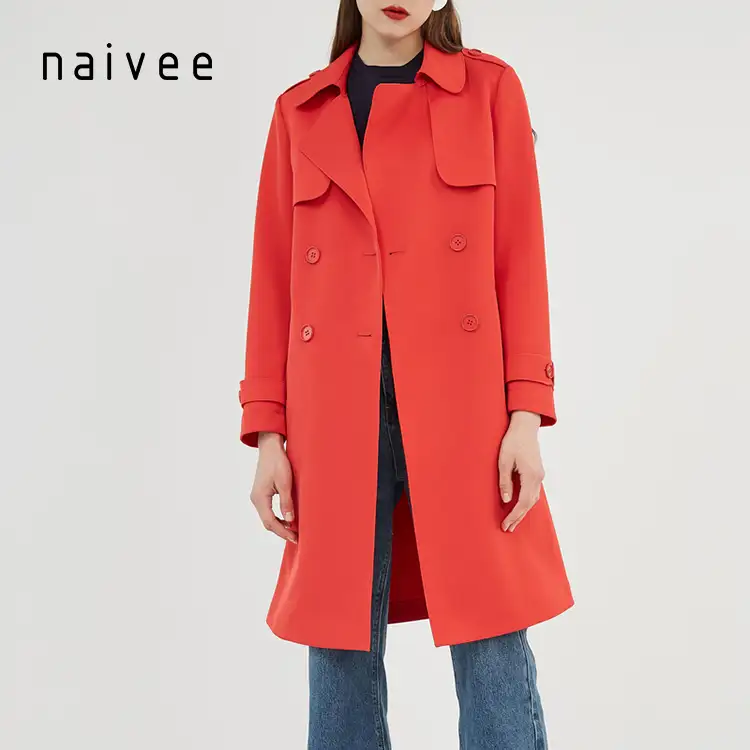 Naivee casaco feminino de inverno, casaco trincheira estilo europeu de cinto vermelho e longo de 2020