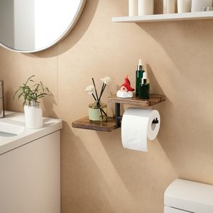 Porte-papier en bois avec étagère, porte-papier avec étagère pour salle de bain, étagère murale en bois pour le rangement du papier toilette, porte-papier toilette - Product Image 3