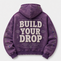 Sweat à capuche violet personnalisé 450 GSM, délavé à l'acide, avec strass, patch chenille vieilli et broderie appliquée, vente en gros d'usine
