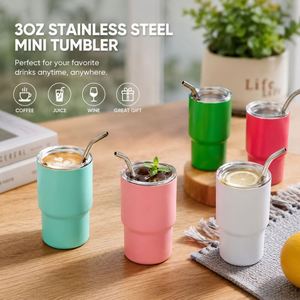 Gobelet isotherme double paroi en acier inoxydable de 3 oz avec paille, personnalisable avec logo, mignon verre à shot pour cadeaux promotionnels de fête - Vente en gros - Product Image 2
