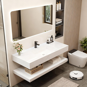 Mobiletto da <span class=keywords><strong>bagno</strong></span> a parete <span class=keywords><strong>in</strong></span> stile europeo <span class=keywords><strong>con</strong></span> piano di lavoro <span class=keywords><strong>in</strong></span> marmo, lavandino e specchio a LED - Product Image 2